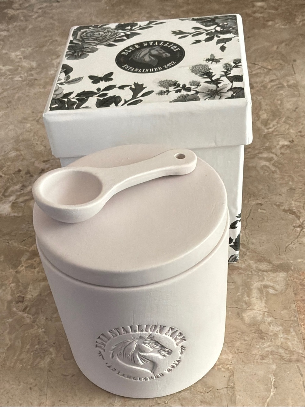 Blue Stallion Farm White Ceramic Bath Salts Canister with Scoop